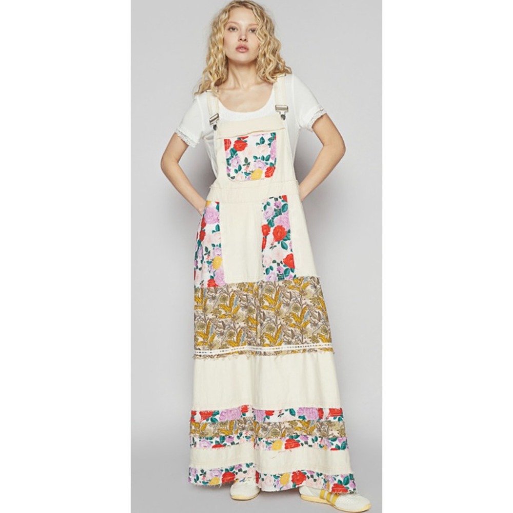 POL Overall Style Mixed Print Patchwork Oatmilk Maxi Dress Size M NEW - Picture 3 of 6